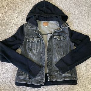American Eagle AE Black Denim Jacket With Hood, Size M Medium
